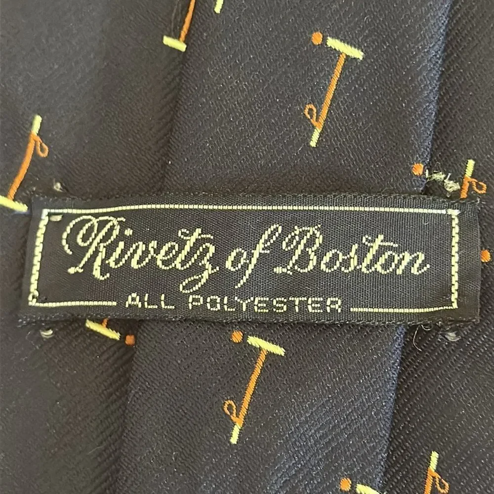 Vtg 70s Rivetz of Boston Navy Blue‎ Polyester Wide Tie with Polo Mallet Print